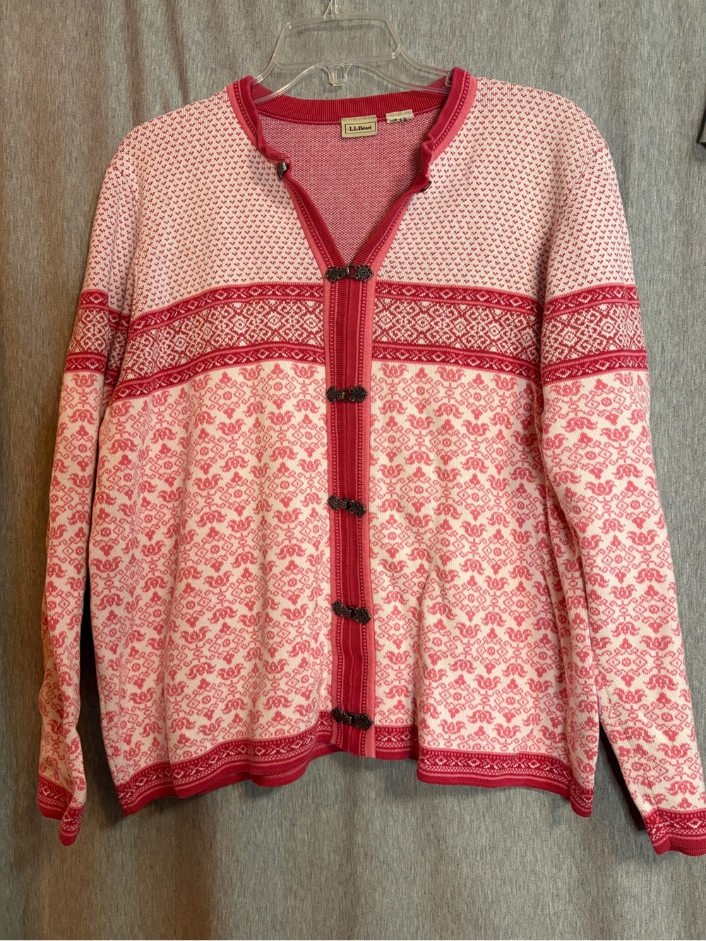 L.L. Bean Pink and Cream Nordic-Style Toggle Cardigan